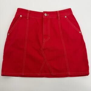 SJYP Red Denim Mini Skirt Seamed Pockets Cotton Womens Small